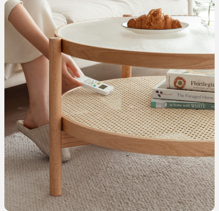 Oak Solid Wood, Glass, Rattan Coffee Table