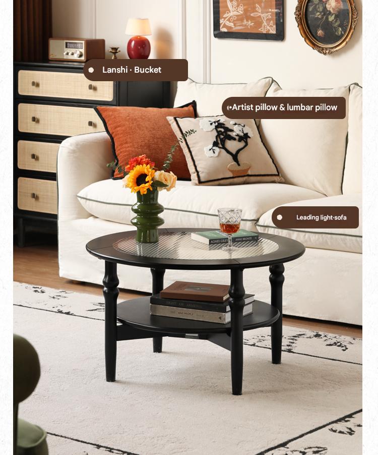 Rubber Solid Wood French Retro Glass Coffee Table.