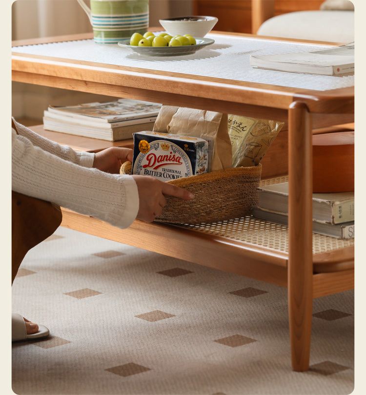 Cherry Solid Wood Coffee Table Glass, Rattan