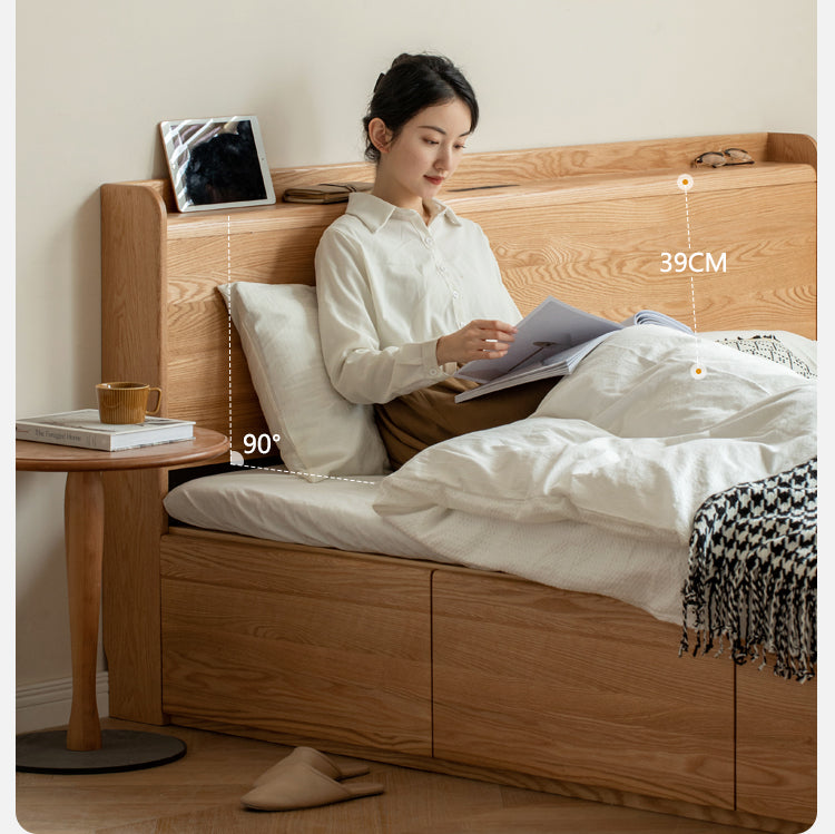 Oak Solid Wood Drawer Storage Bed with Sockets Box Bed