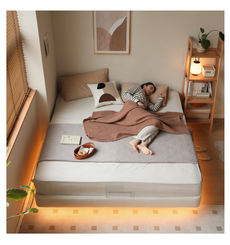 Leather platform bed, headboard-free floating bed cream style