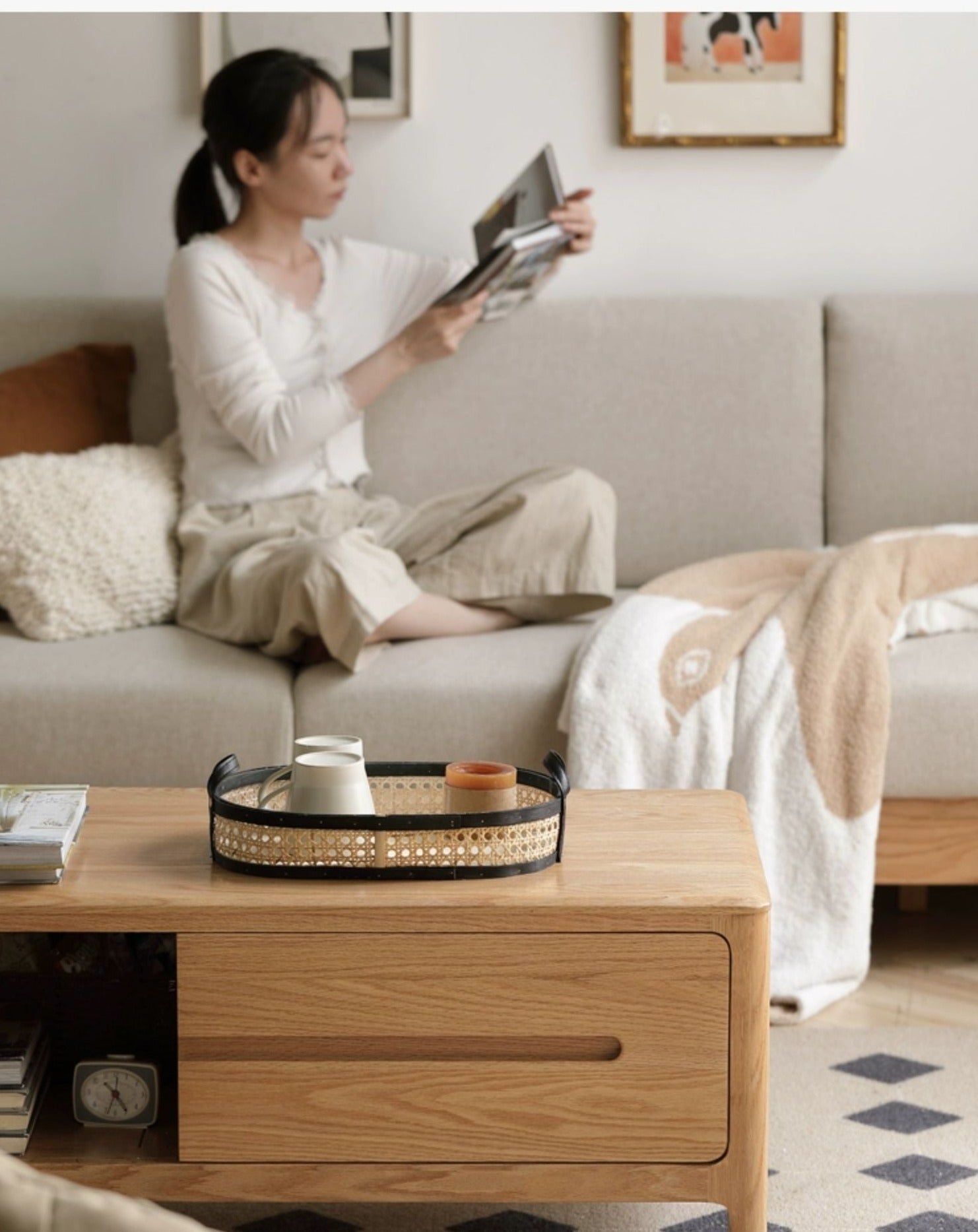 Oak, Solid Rubberwood Coffee Table Three Drawers