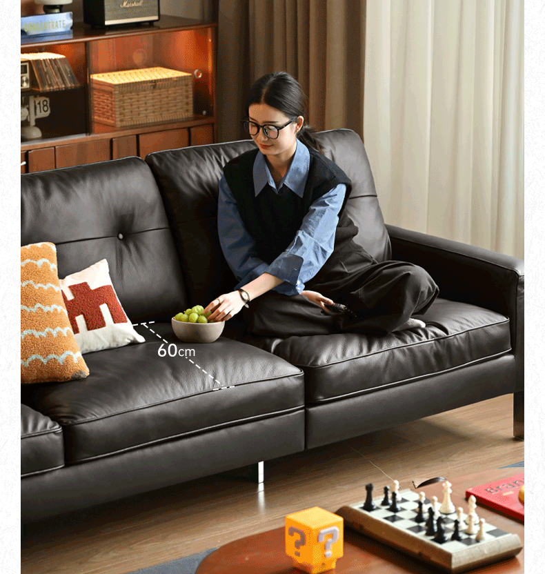 Leather Black High Back Down Straight Sofa.