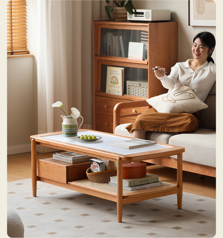 Cherry Solid Wood Coffee Table Glass, Rattan