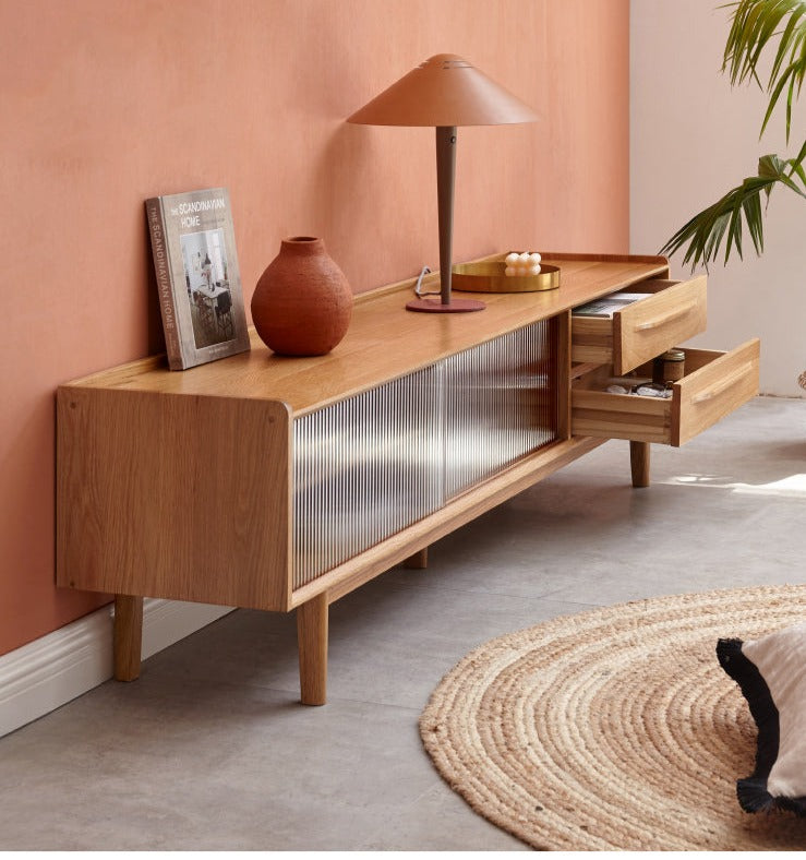 Oak solid wood TV stand sliding door"