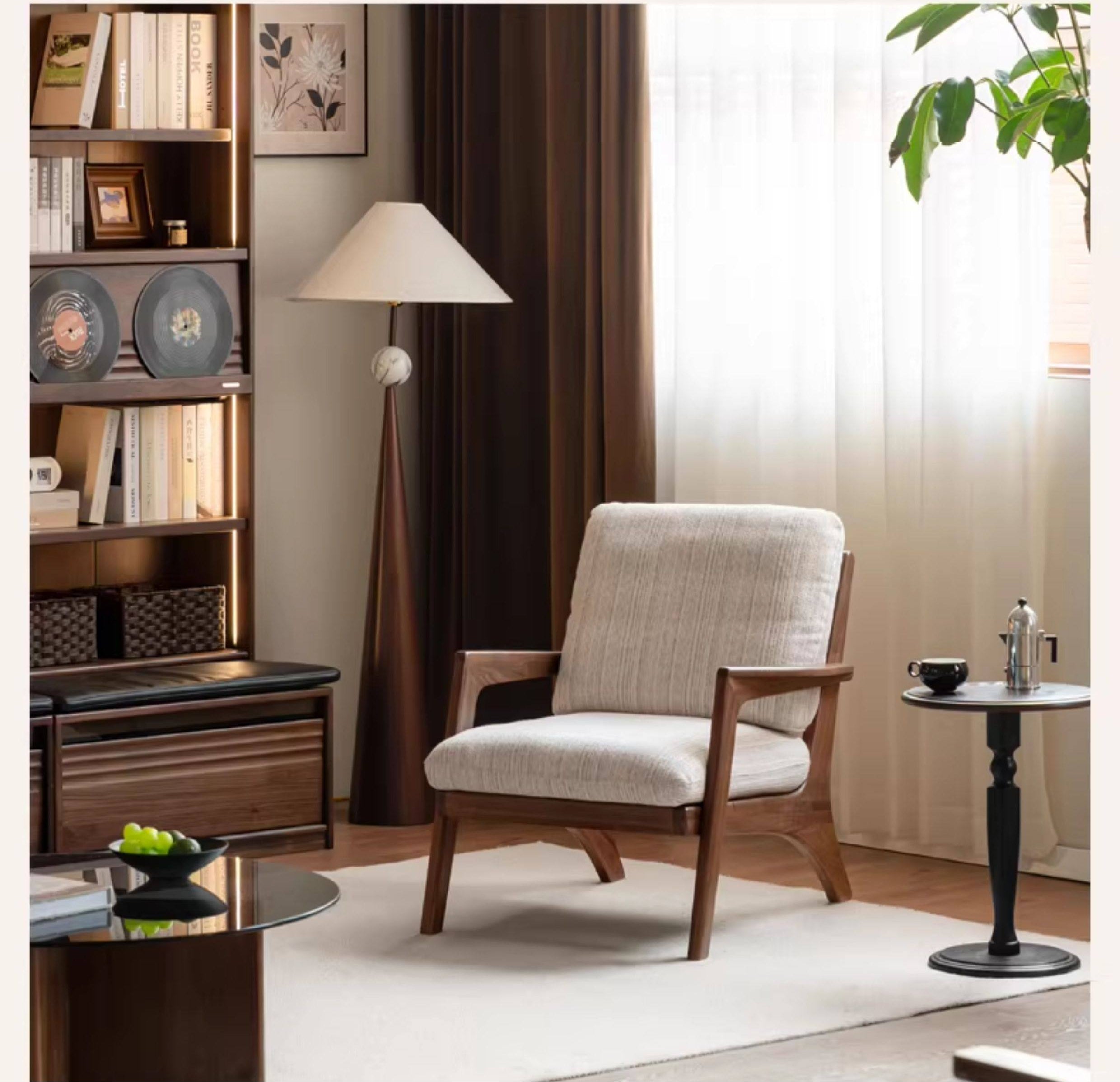 2 pcs -Black Walnut, Oak Solid Wood Lounge Armchair with Angled Frame and Open Armrests