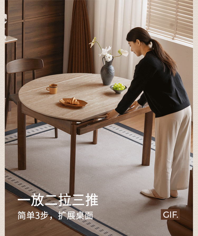 Black Walnut Solid Wood Folding Dining Table with Rock Plate Round Top