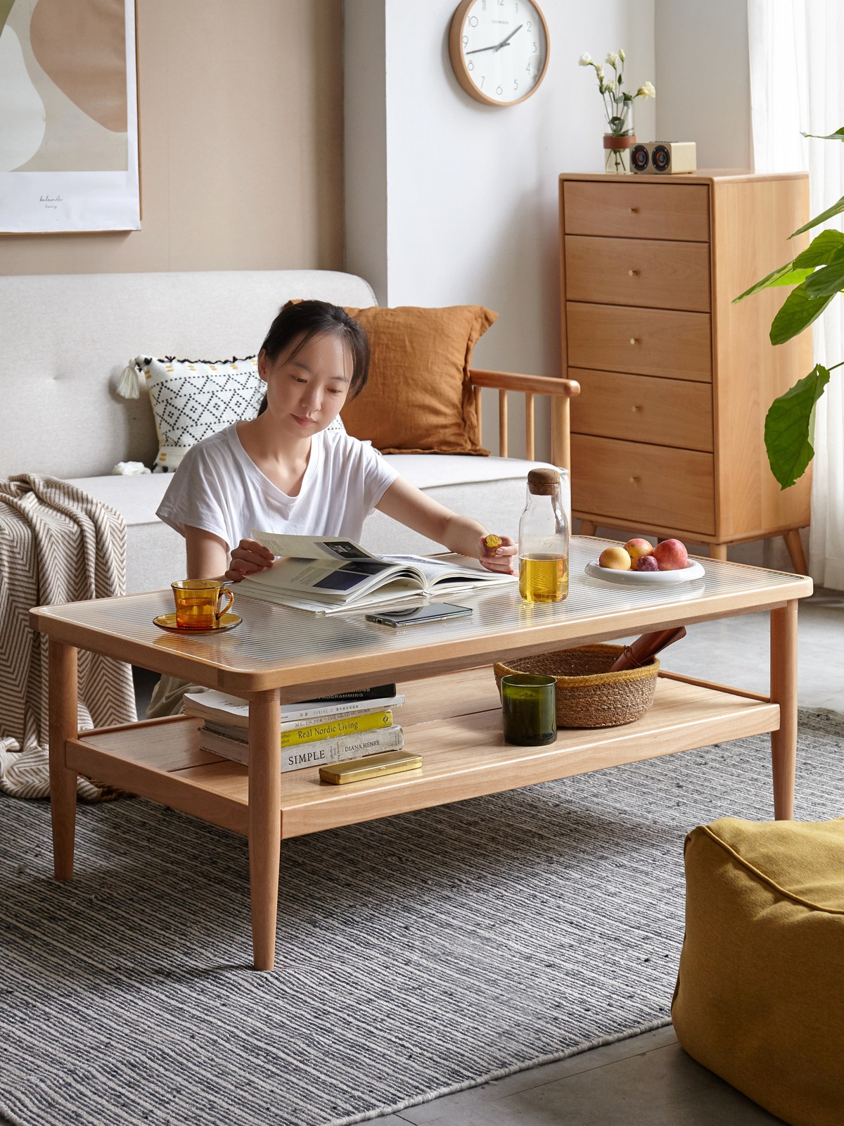Beech Solid Wood Glass Coffee Table Nordic