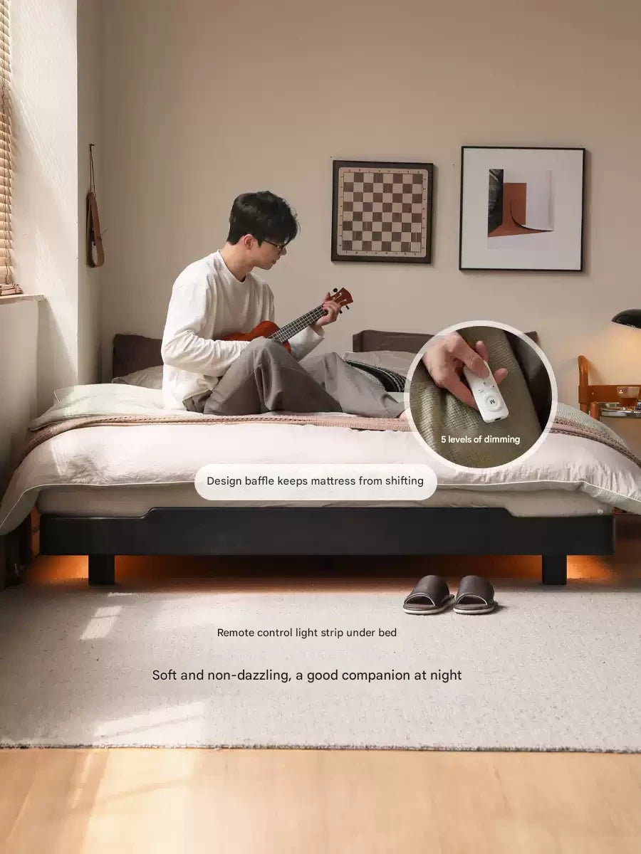 Oak, Rubberwood, Ash Solid Wood Suspended Platform Bed, Headboard-Free Bed Black with Light