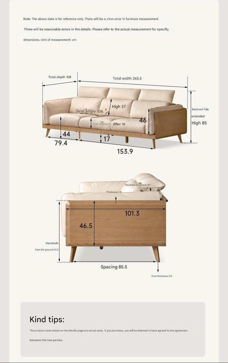 Ash Solid Wood Sofa Genuine leather, fabric High-Back Design