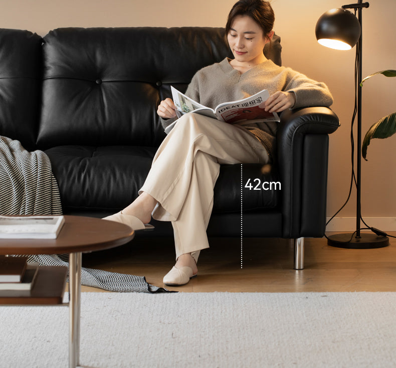Leather Light Luxury Black Straight Sofa,