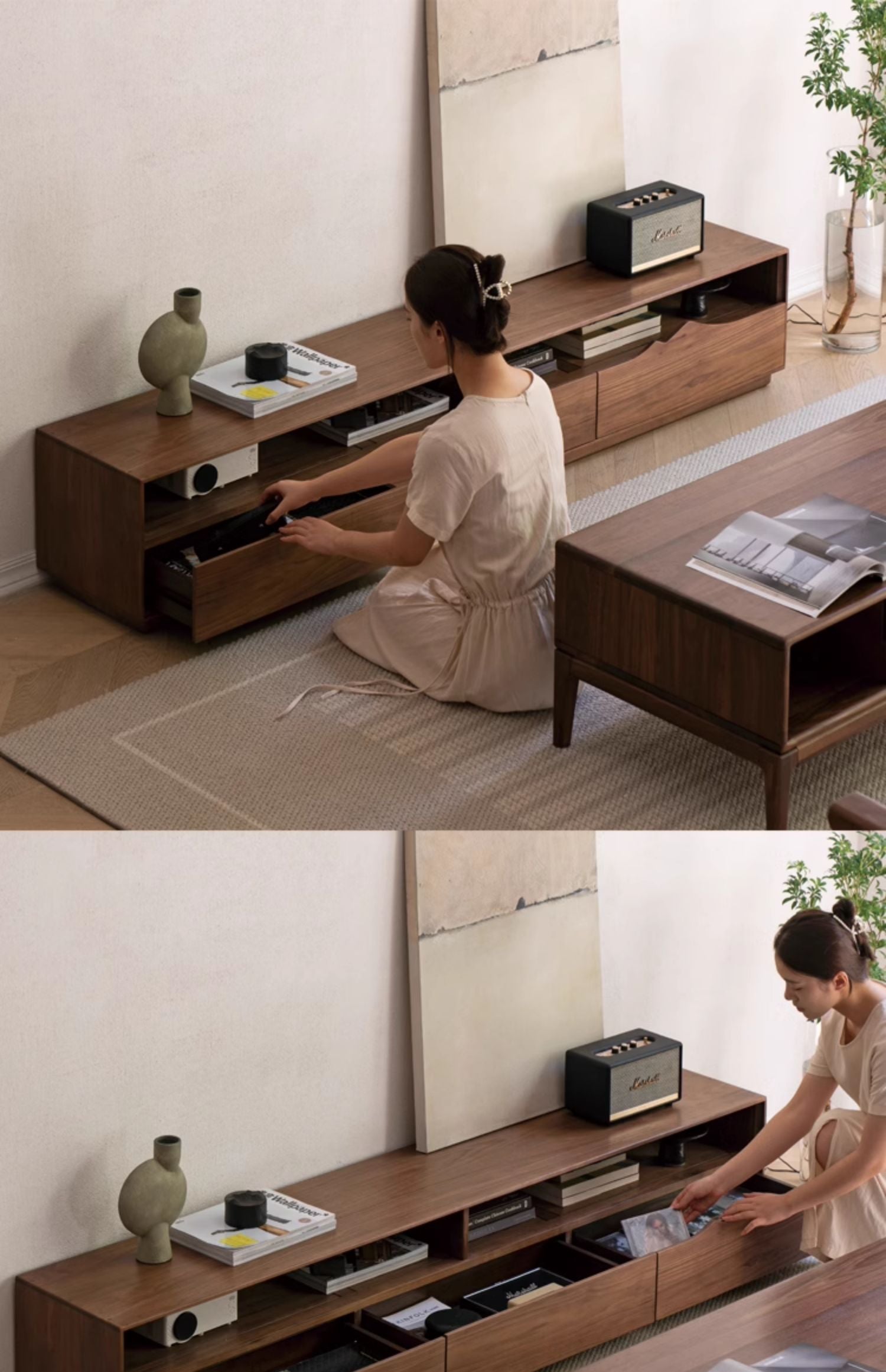 Black Walnut, Ash Solid Wood Large Capacity Floor TV Table.