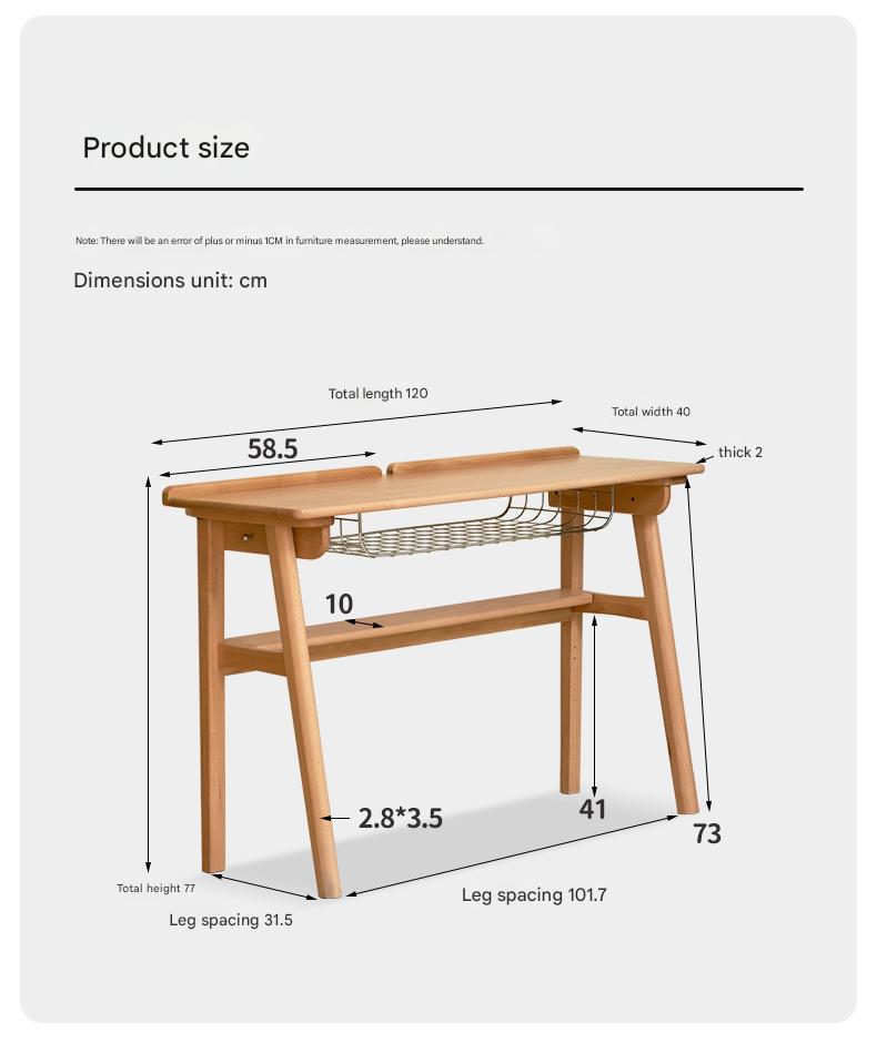 European Beech Solid Wood Ultra Narrow Writing Desk.