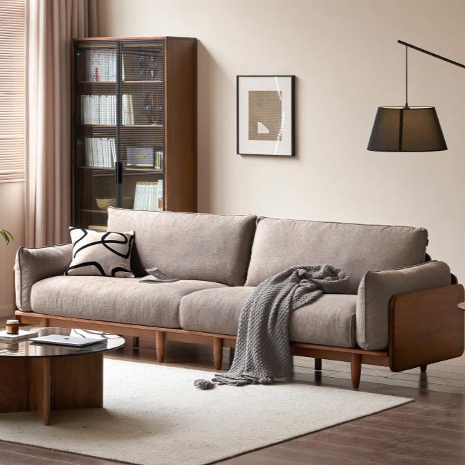Oak Solid Wood Leather, Fabric Straight Sofa.