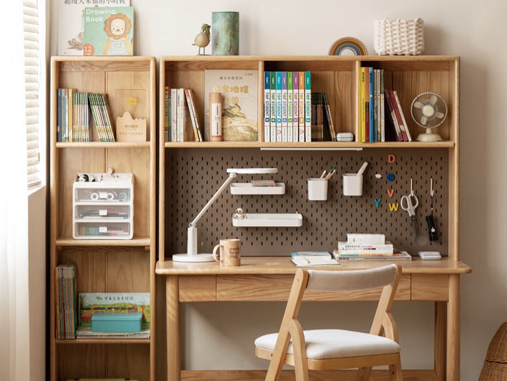 Oak Solid Wood Kids Lifting Study Desk Bookshelf
