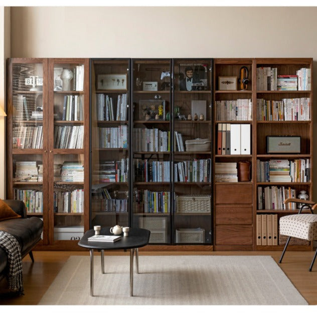 Solid Rubberwood, Oak Solid Wood Bookcase Modern With Glass Door