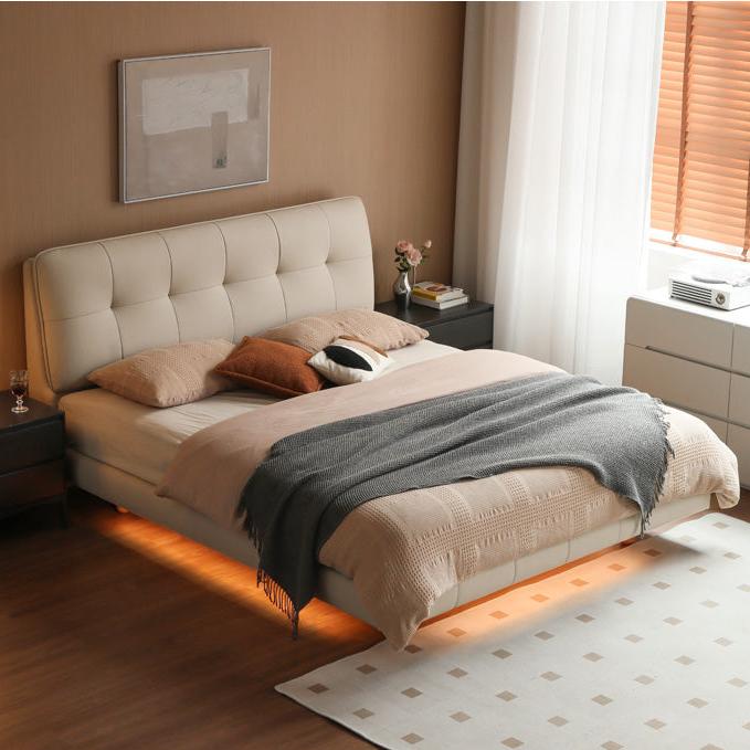 Fabric genuine leather soft bed puff cream style with light bed