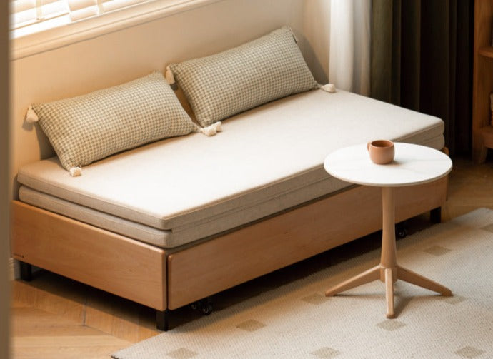 Oak Solid Wood Sofa Bed Folding Sit-sleeping Pull-out Bed.