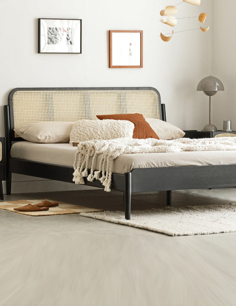 Oak Solid Wood Black Rattan bed
