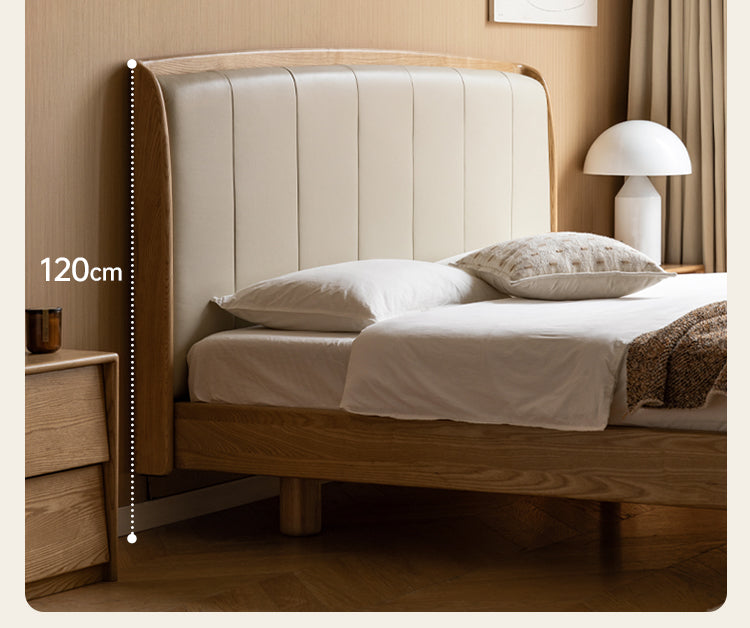 Ash Solid Wood Genuine Leather High Soft Back Bed
