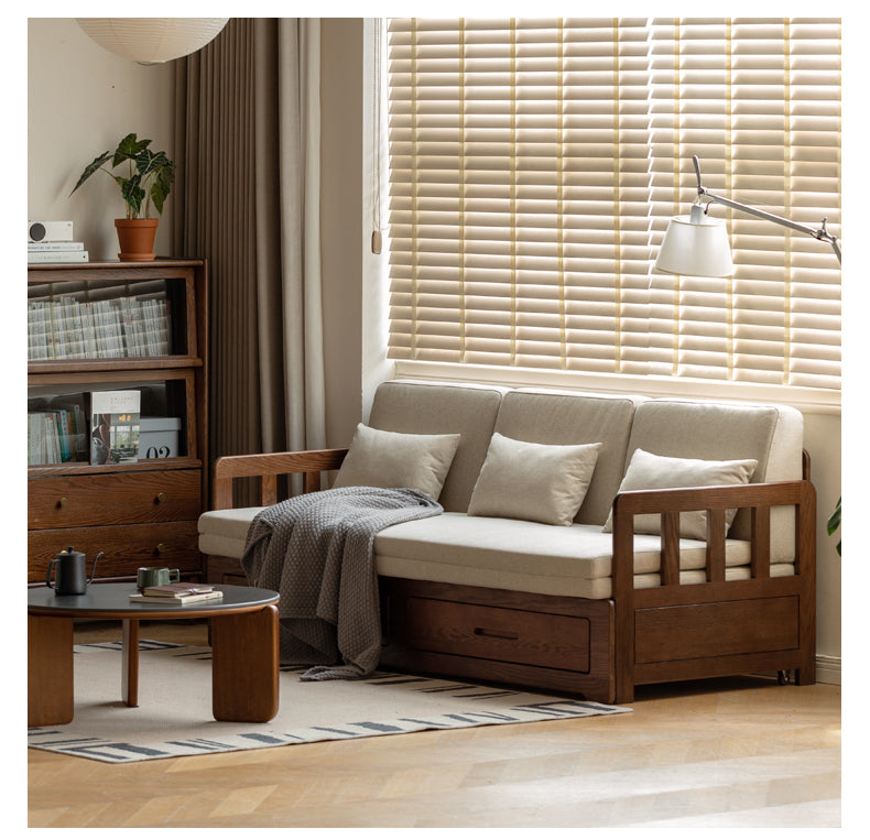 Oak, Solid Rubberwood Wood Folding Storage Sofa Bed