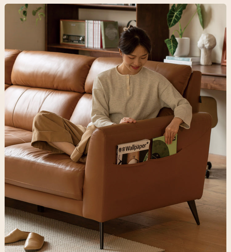 First-layer Yellow Cowhide Leather Sofa Light Luxury Italian Style.