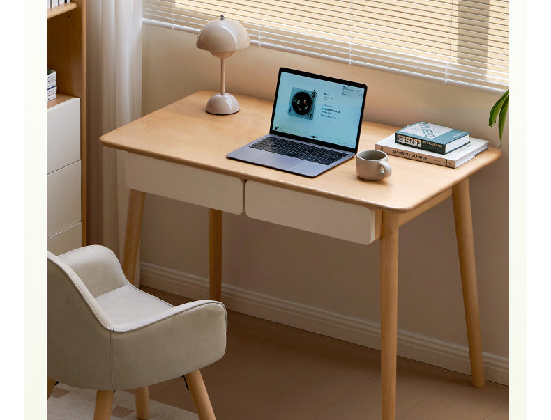 Beech Solid Wood Office Desk with 2 Drawers