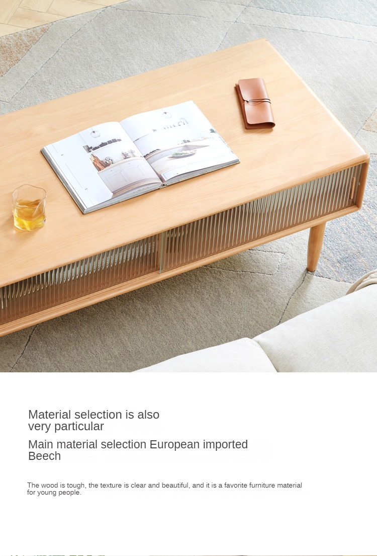 Beech Solid Wood Glass Sliding Door Coffee Table