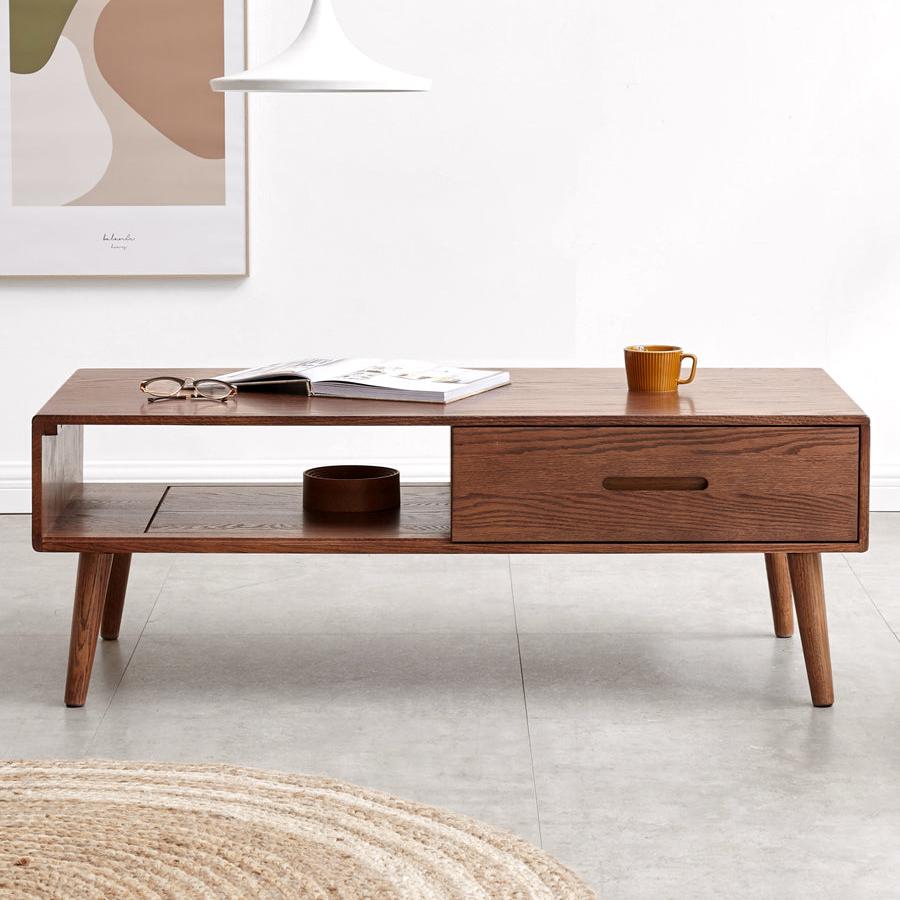 Oak, Solid Rubberwood Two-Drawer Coffee Table Walnut Color