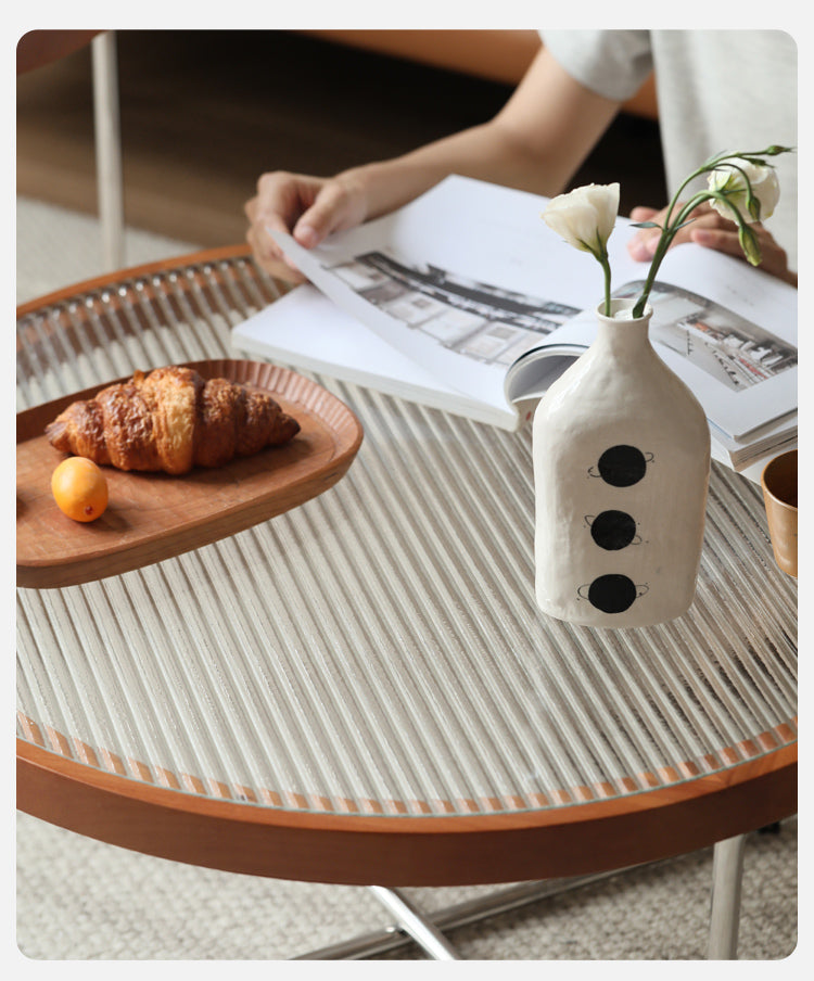 Beech Solid Wood Round Glass Coffee Table