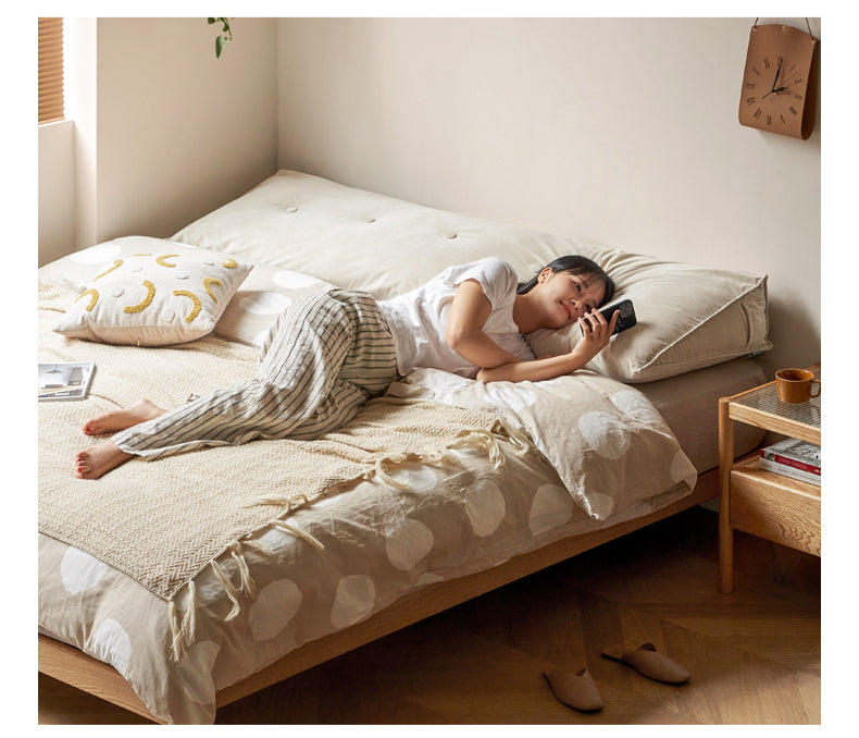 Oak Solid Wood platform bed, headboard-free bed Night Light Suspended Bed