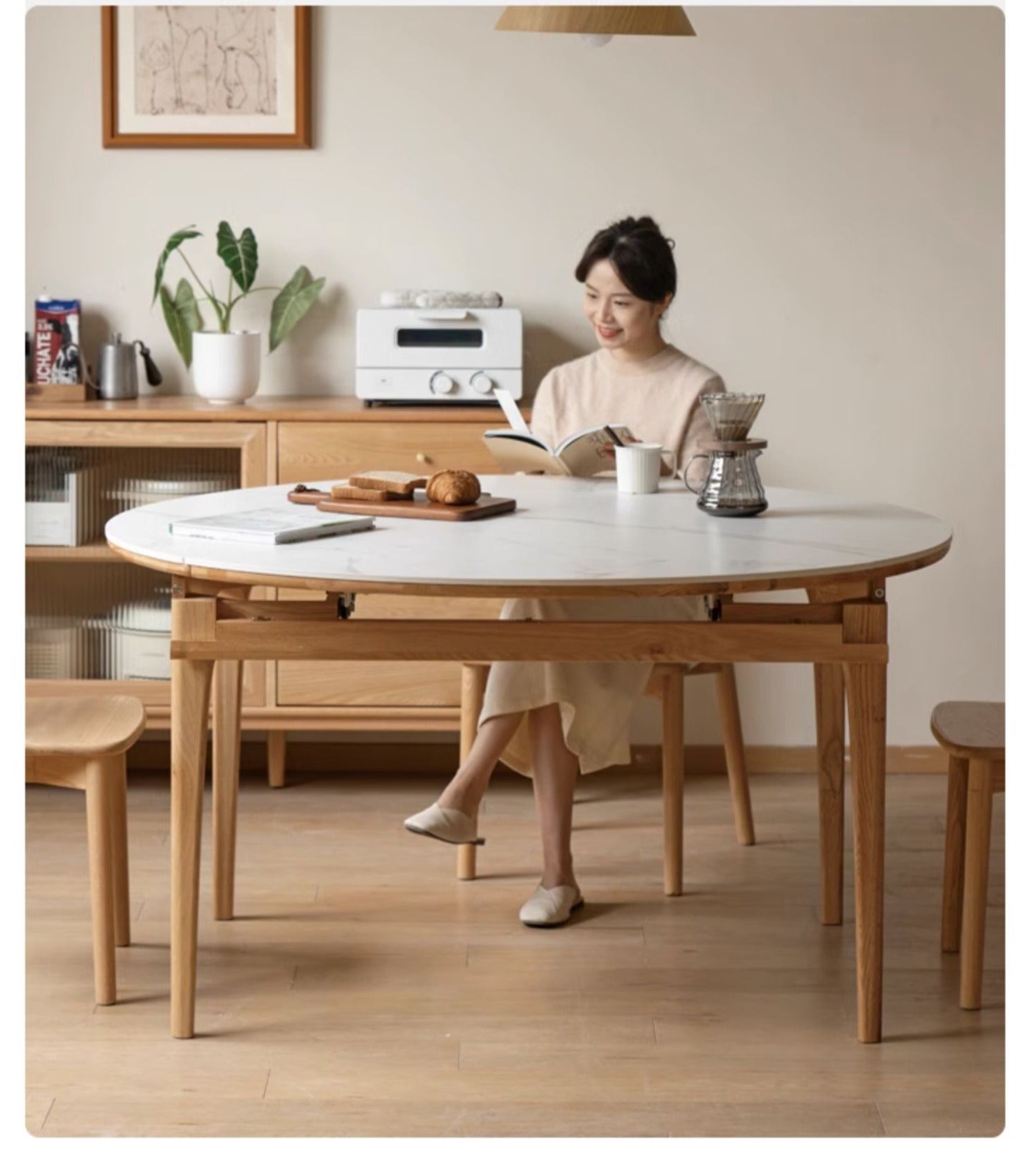 Oak, Solid Rubberwood Round Folding Dining Table With Rock Slab Surface
