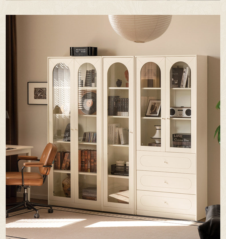 Solid RubberWood Bookcase White With Glass Door French Cream Style