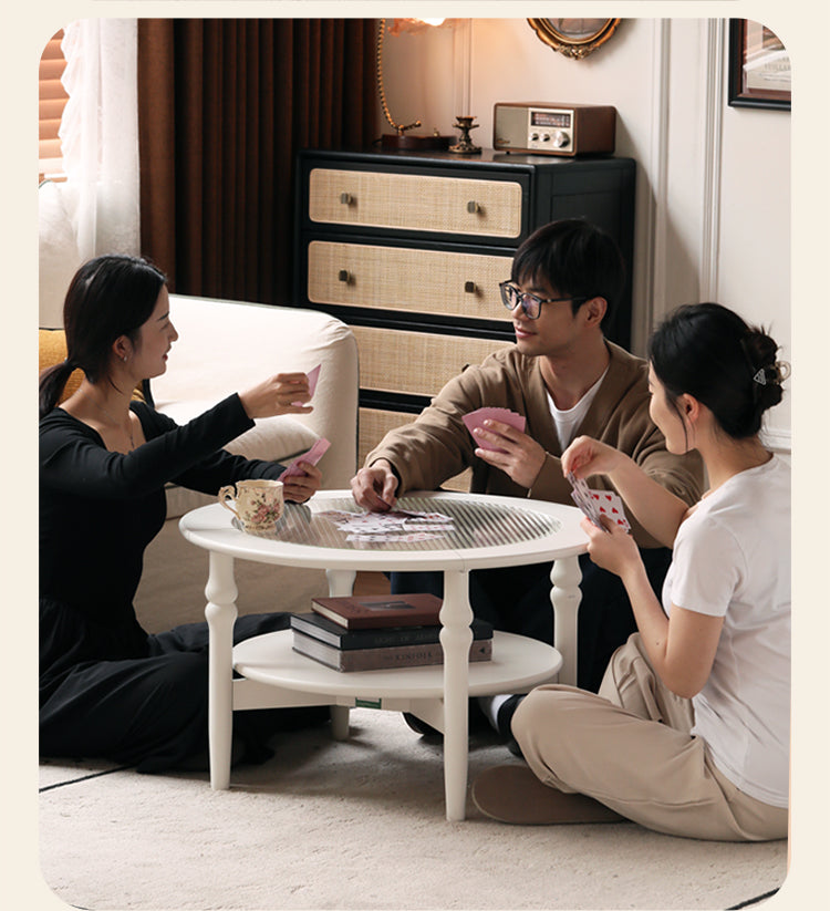 Rubber Solid Wood French Cream Style Glass Coffee Table
