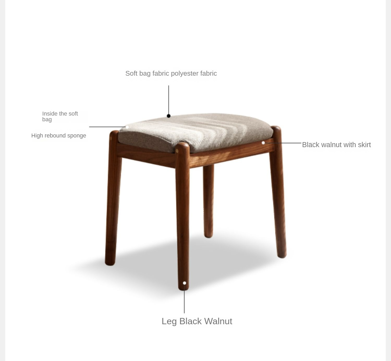 Black Walnut Solid Wood Square Makeup Stool
