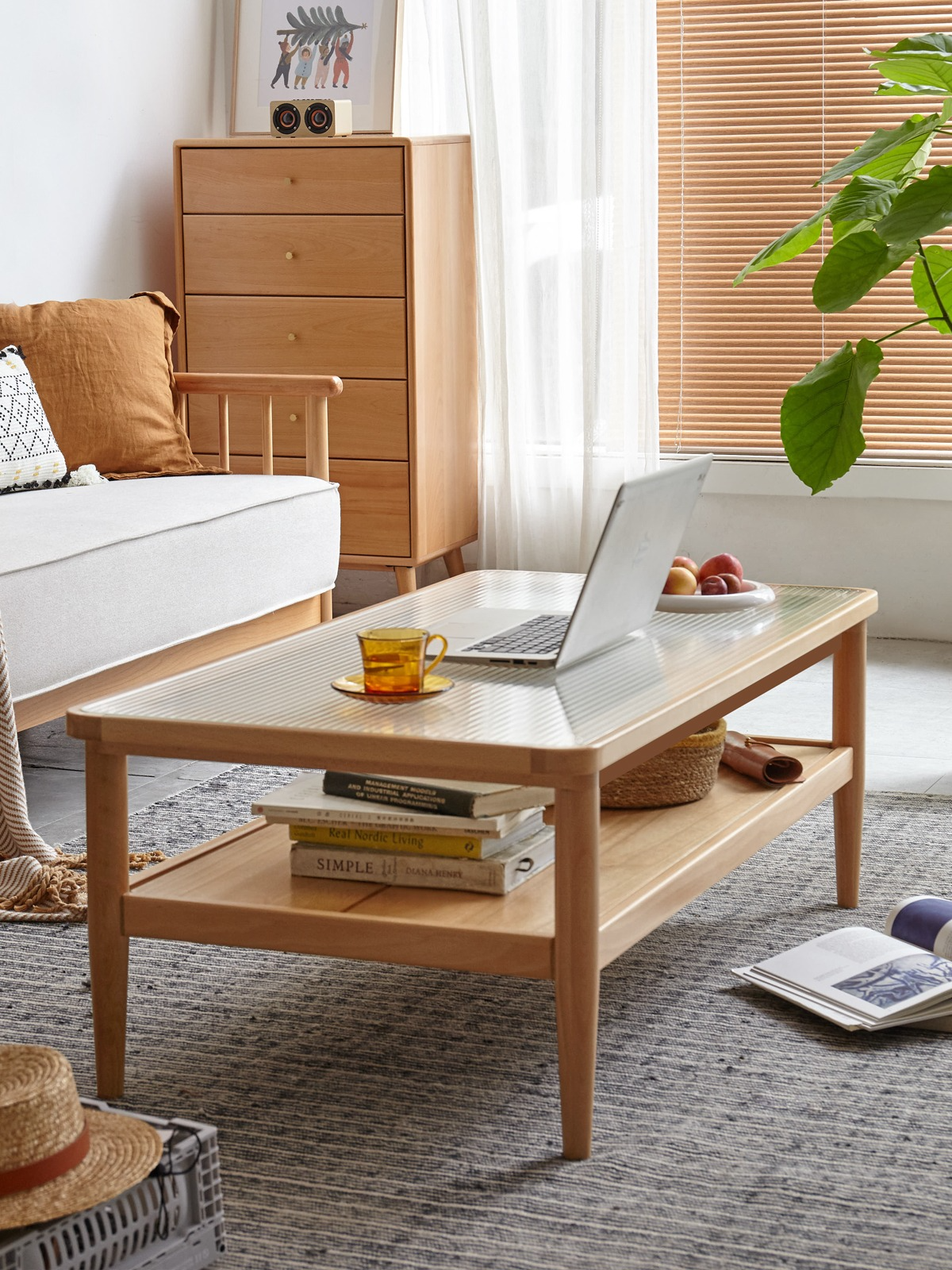 Beech Solid Wood Glass Coffee Table Nordic