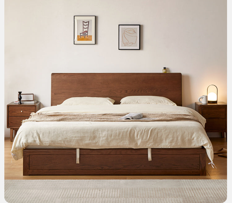 Oak, Rubberwood Solid Wood, Multifunctional Storage Box Bed
