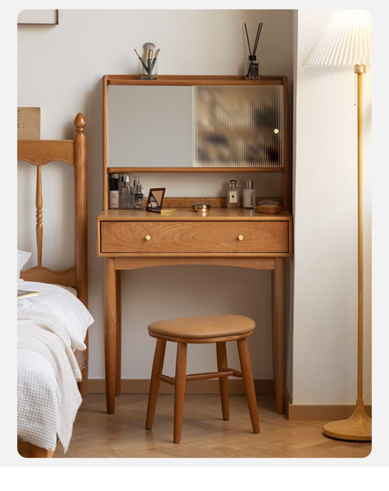 Cherry, Birch Solid Wood Multi-Functional Storage Vanity Table.