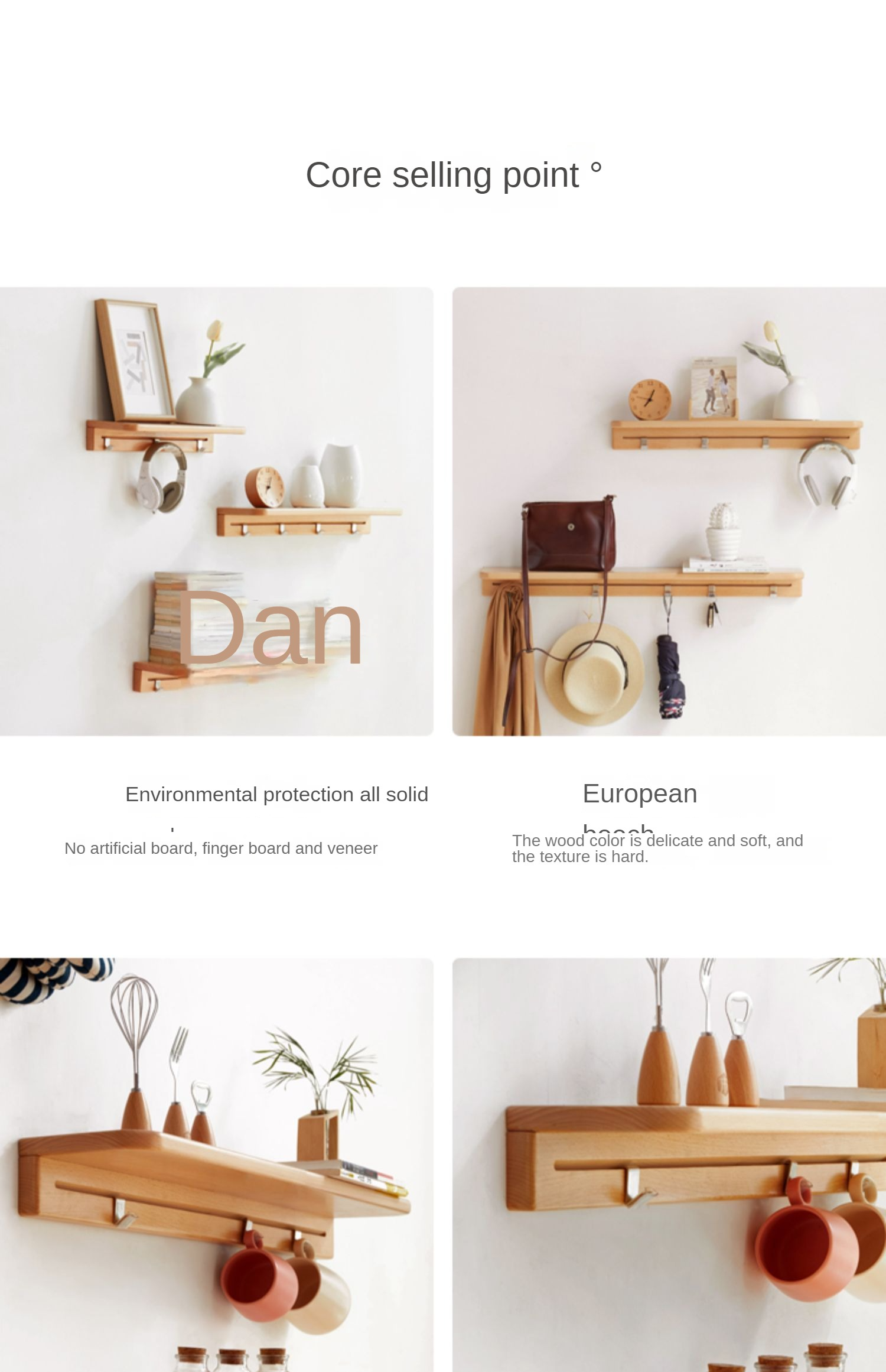 Beech Solid Wood Wall Shelf With Hooks