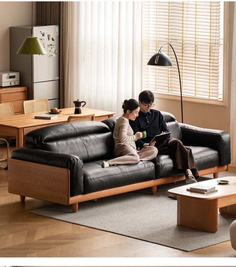 Cherry Wood Solid Wood Modern Leather Sofa