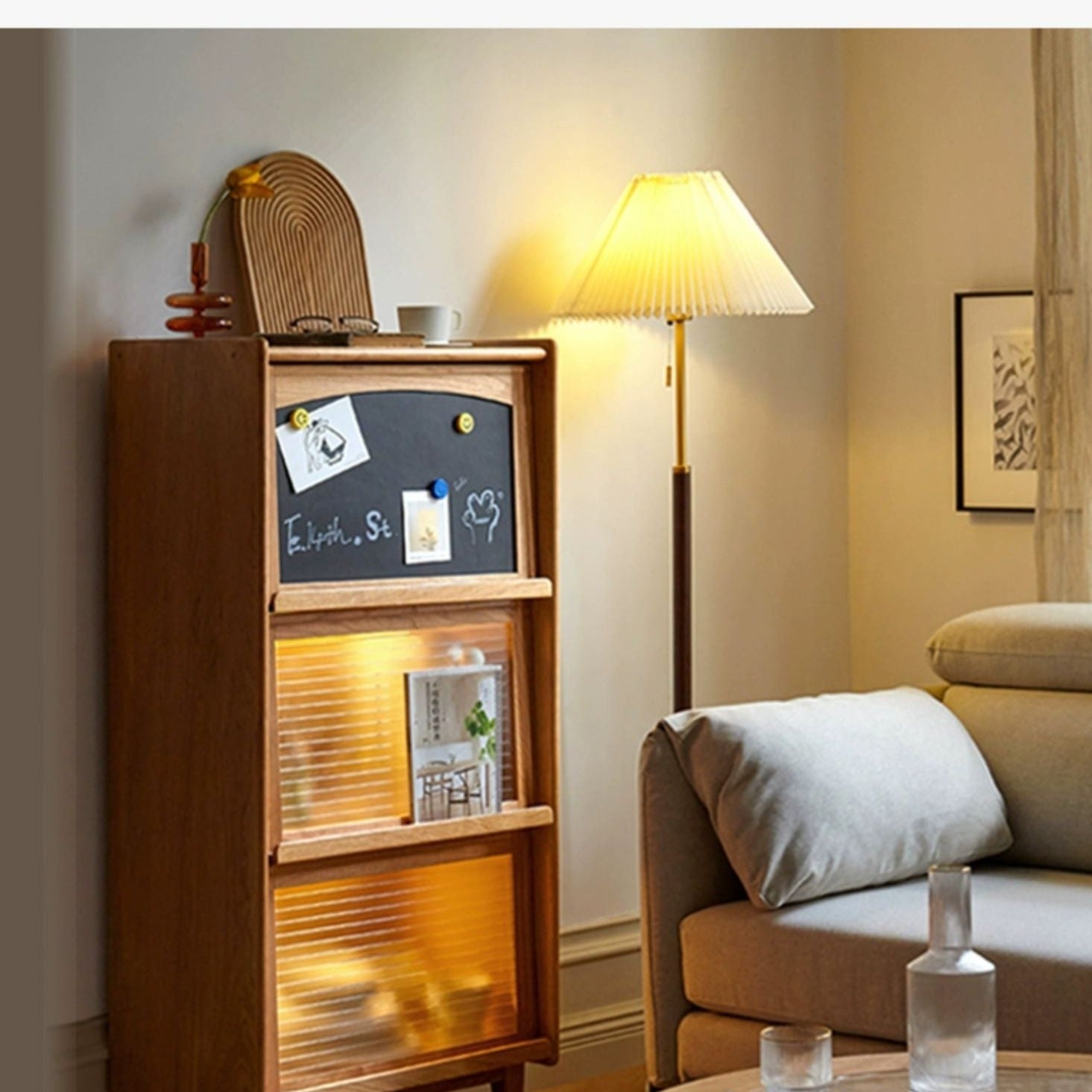Cherry, Oak Solid Wood Flip Door Magazine Cabinet LED light -