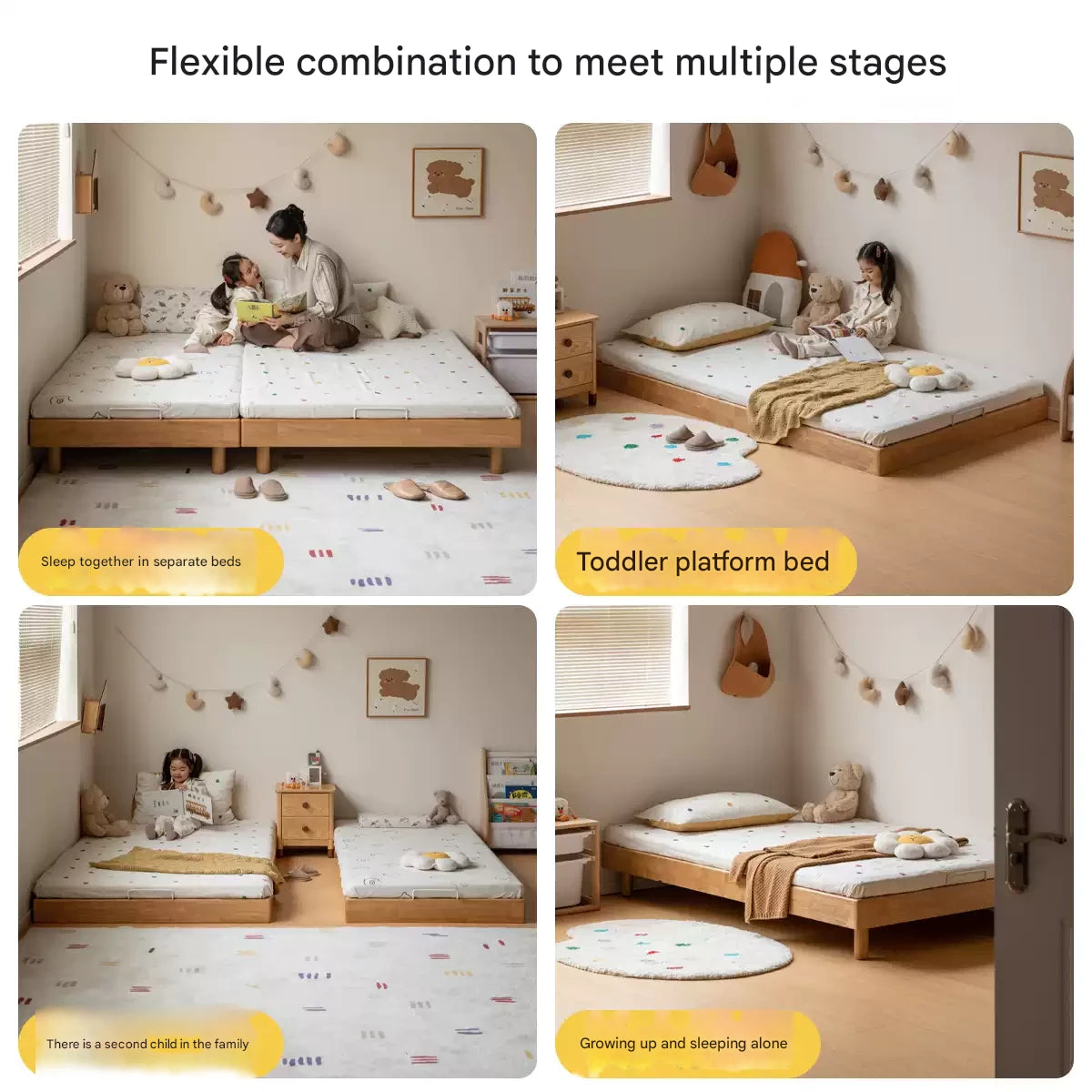 Rubberwood Solid Wood Mother-and-child platform bed, headboard-free bed