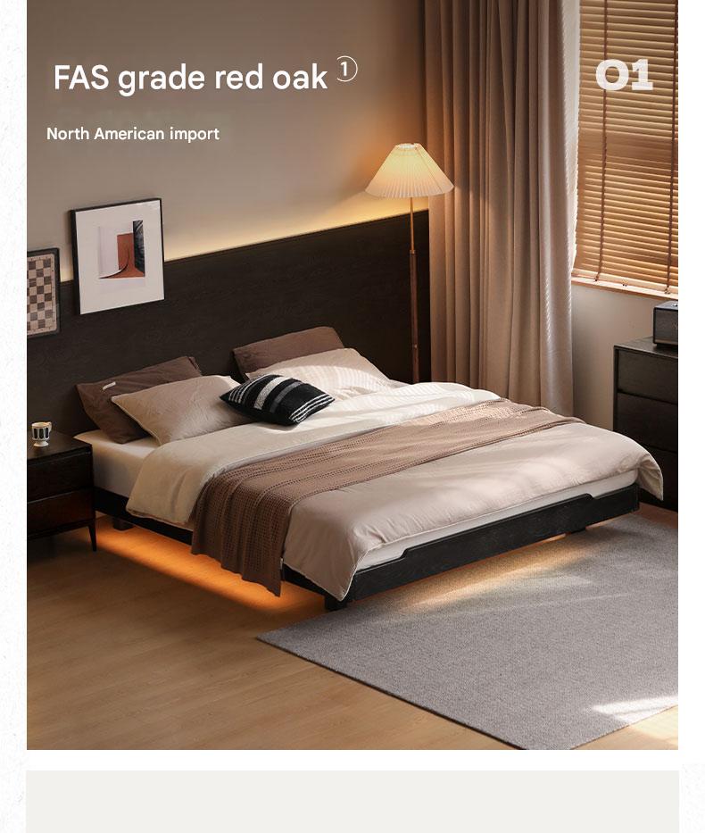 Oak, Rubberwood, Ash Solid Wood Suspended Platform Bed, Headboard-Free Bed Black with Light