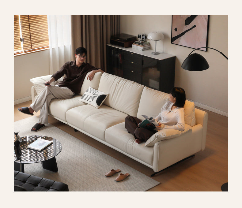 Leather Straight White Italian Sofa.