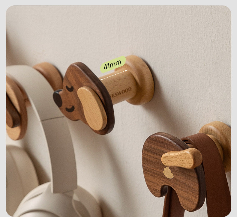Beech, Black Walnut Solid Wood Puppy-Shaped Wall Hook with Cute Cartoon Design