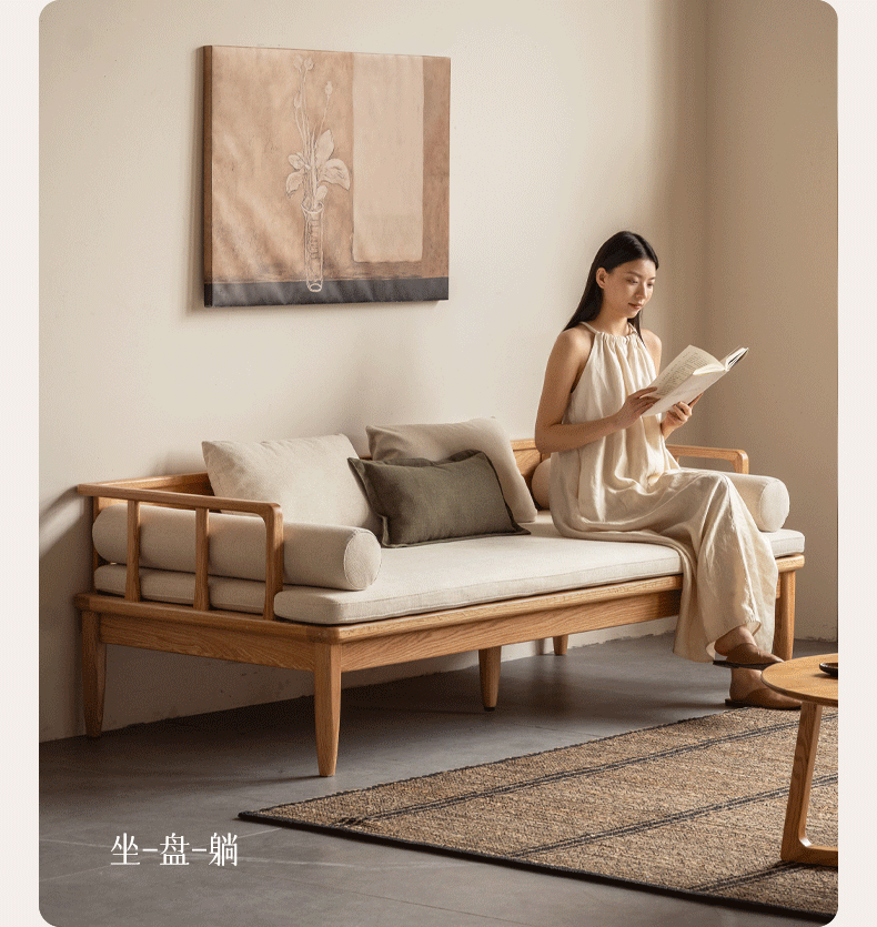 Oak Solid Wood Daybed Sofa with Removable Linen Cushions