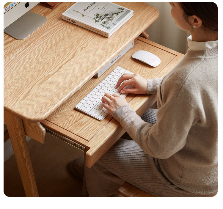 Oak, Solid Rubberwood Narrow Study Desk with Drawers
