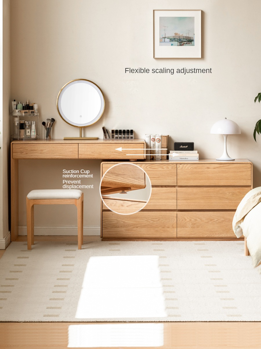 Oak, Ash Solid Wood Retractable Vanity Table Storage Cabinet.