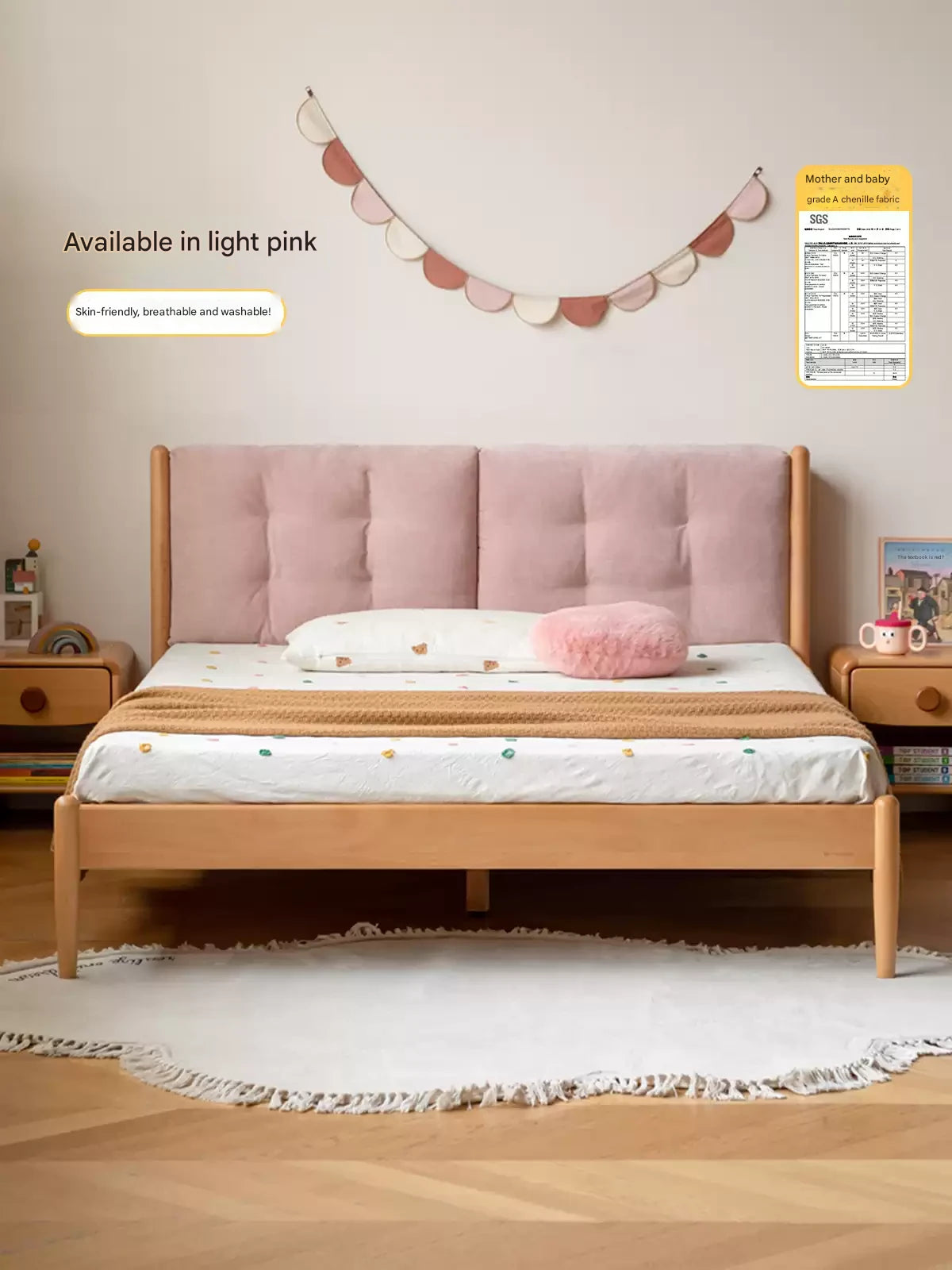 Beech Solid Wood Children's bed with organic leather<