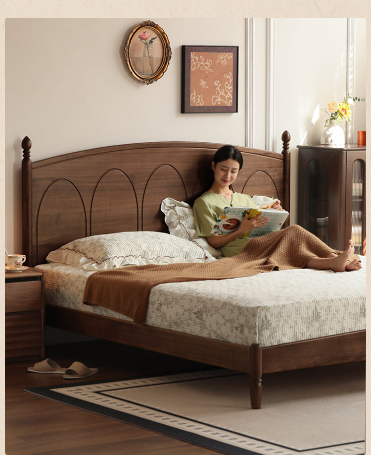Black Walnut, Poplar Solid Wood Big Bed Retro French